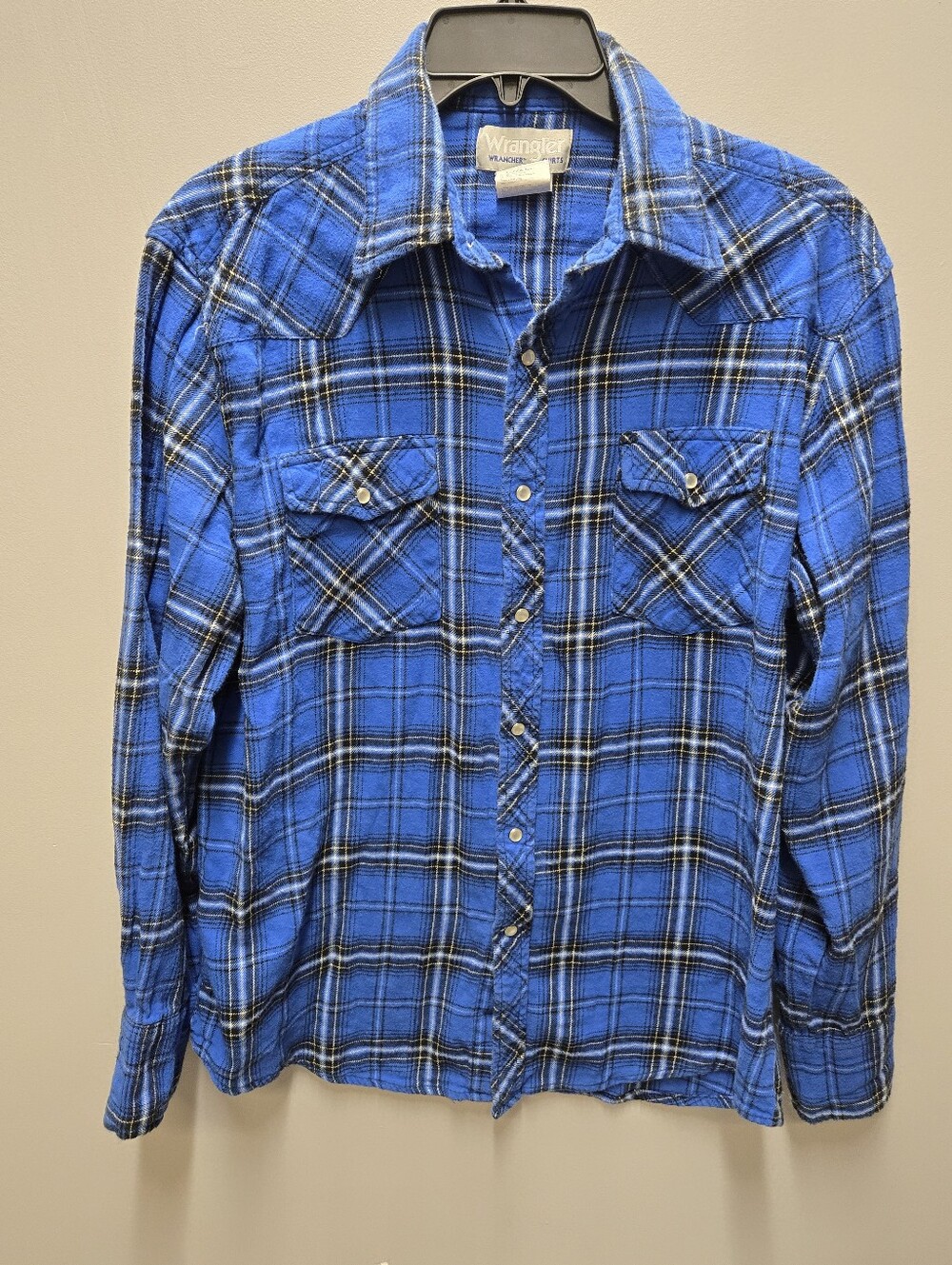Wrangler Wrancher Mens Large Pearl Snap Button Down Shirt Blue Plaid Western